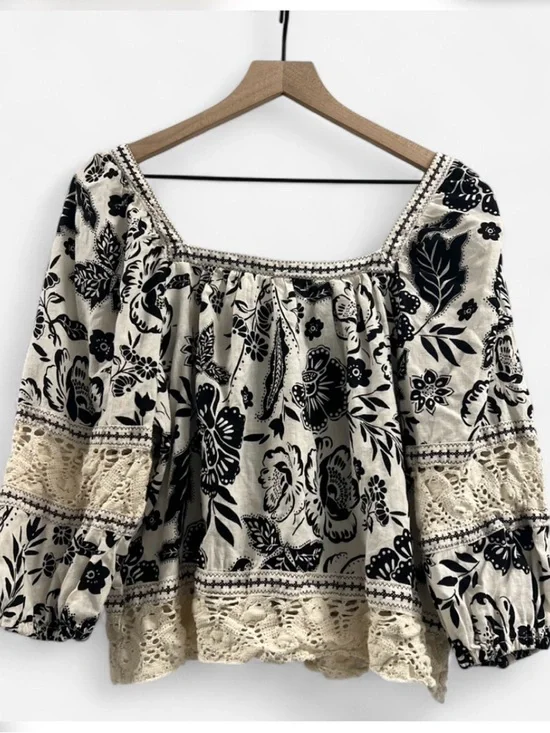 Christian Siriano Boho Floral Top Large Crochet Lace Linen Blend Peasant Blouse - Picture 9 of 10